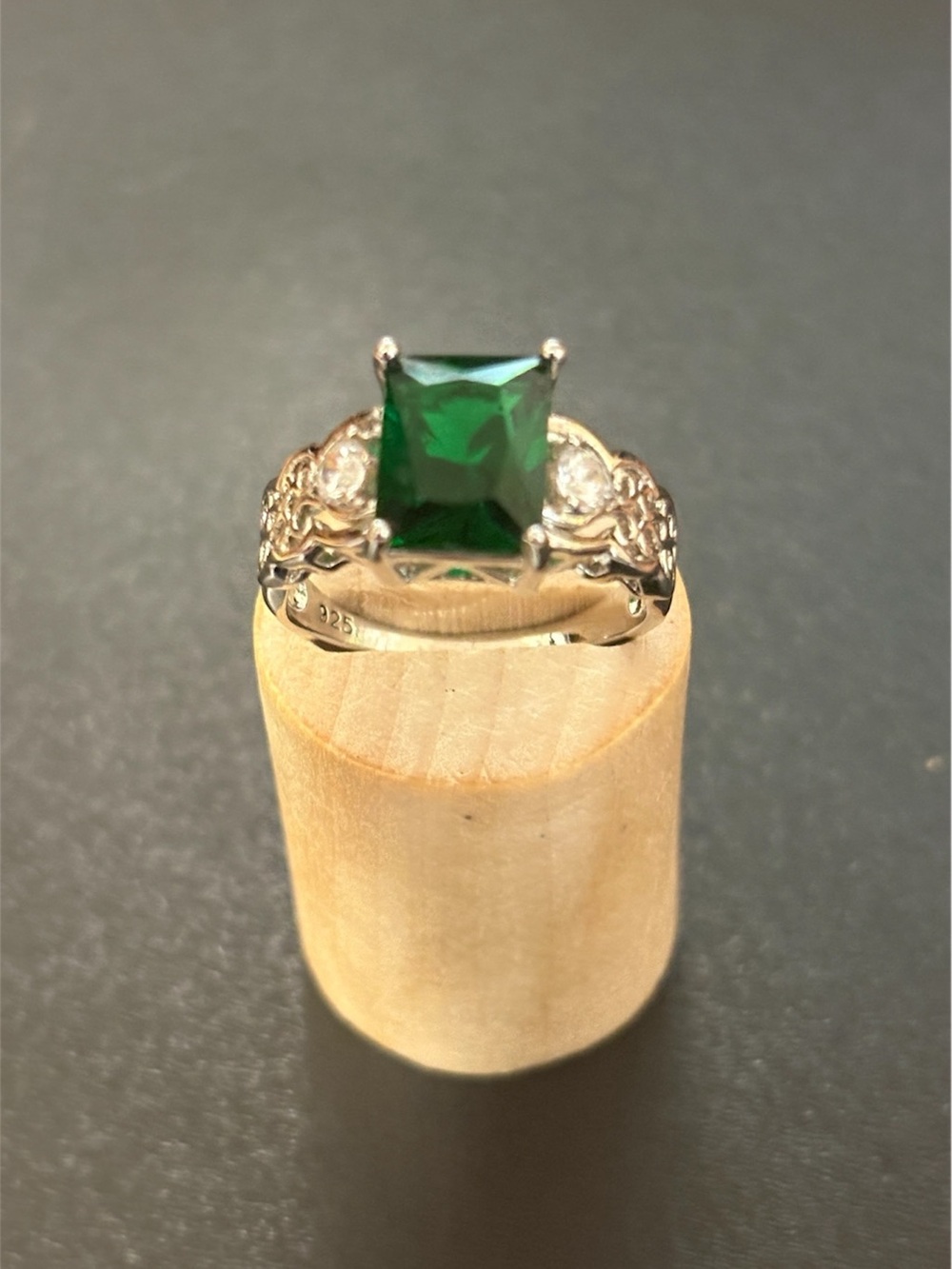 Emerald-Cut Green Gemstone Ring with Filigree Accents